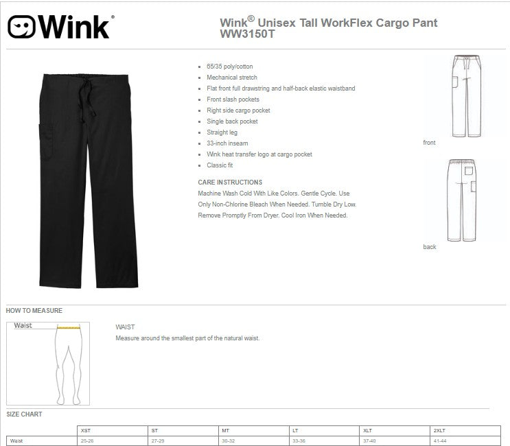 WW3150T Wink® Unisex Tall WorkFlex Cargo Pant